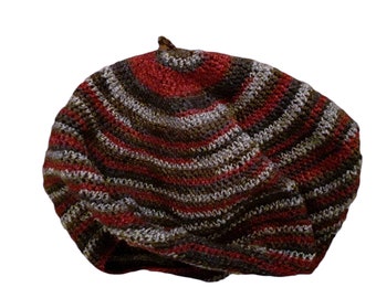 Red and Gray Striped Woolen Crochet Beret
