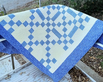 Blue and White Bed Quilt, 64x55 Inch Broken Dishes Pattern Quilt