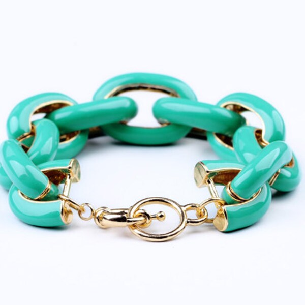 SALE - Enameled Oval Chain Link Bracelet - Turquoise