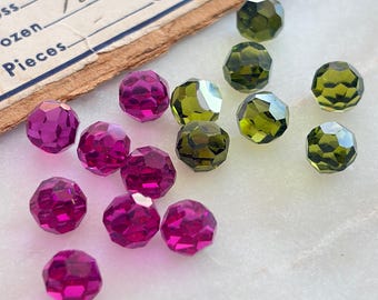 Vintage Swarovski Corona Crystal Balls 6 mm, Olive Green or Pink Faceted Round Crystal Cabochons, Flat Spot Crystal Stones (8pcs)