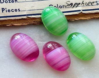 Vintage Czech Striped Glass Cabochon 14 x 10 mm, Pink or Green Flat Back Oval Cabochon, Czech Glass Jewelry Stone (3pcs)