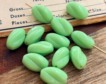 Vintage West Germany Glass Beads 12 × 8 mm, Twisted Oval Glass Beads, Pastel Light Green Beads, Opaque Vintage Beads, Jewelry Making (6pcs)