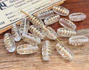 Cuentas de vidrio checo vintage transparentes con diseño dorado, forma ovalada, grabadas, para joyería, 17 × 8 mm (5 unidades).