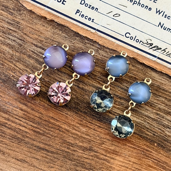 West German Moonstone Round Glass Rhinestone Double Charms – Purple or Gray – Czech Vintage – Raw Brass – 25mm – Pair BIN 33