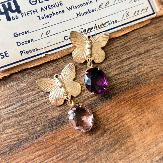 Vintage Czech Purple Oval Glass Rhinestone & Brass Butterfly Double Drop Charms 31mm – Raw Brass – 2pcs BIN-32