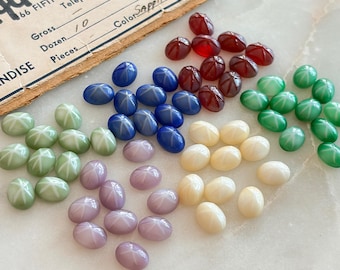 Vintage West German Star Glass Cabochons 8 x 6 mm, Oval Flat Back Cabochons, Lavender Butterscotch Sage Green Blue or Red (12pcs)