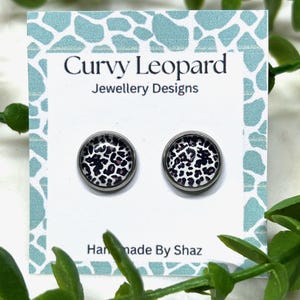 12mm Animal Print Cabochon Stud Earrings - Hypoallergenic, Stainless Steel, Push Back - Bold Lightweight Earrings for Women - Purple Leopard