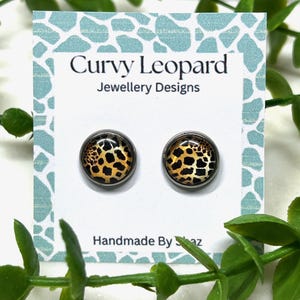 12mm Animal Print Cabochon Stud Earrings - Hypoallergenic, Stainless Steel, Push Back - Bold Lightweight Earrings for Women - Leopard Print