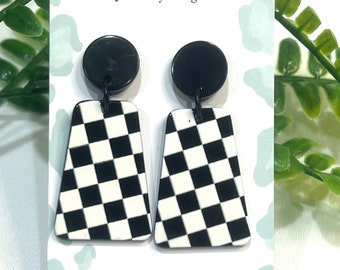 Monochrome Earrings Retro | Dangle Earrings | Black & White Check Earrings | Drop Earrings | Statement Earrings | Earrings for Women