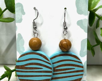 Turquoise Tiger Print Wood Earrings | Lightweight Dangle Earrings