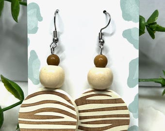 Beige Tiger Print Wood Earrings | Lightweight Dangle Earrings