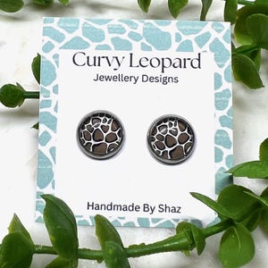 12mm Animal Print Cabochon Stud Earrings - Hypoallergenic, Stainless Steel, Push Back - Bold Lightweight Earrings for Women - Giraffe Print