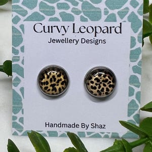 12mm Animal Print Cabochon Stud Earrings - Hypoallergenic, Stainless Steel, Push Back - Bold Lightweight Earrings for Women - Leopard Print