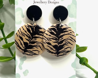 Tiger Print Acrylic Dangle Earrings | Stainless Steel Studs