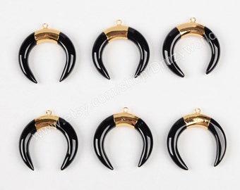 Wholesale Gold Plated Tribal Ox Horn Black Agate Charm Pendant Handmade Fashion Open Circle Ring Agate Jewelry Crescent Gemstone Horn G0727