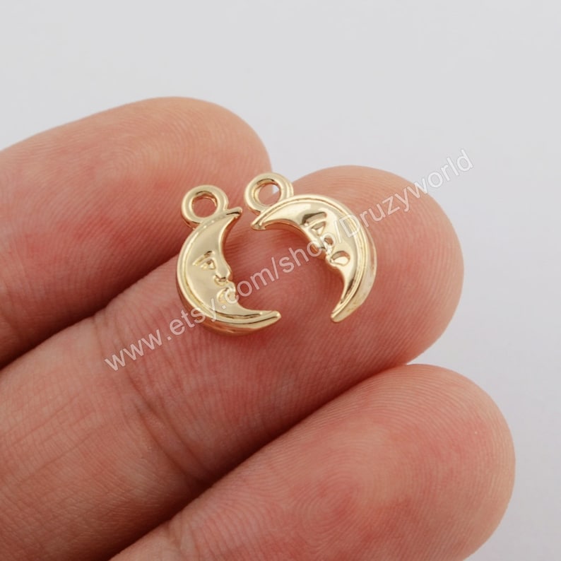 50 Pcs Polished Gold Plated Brass Half Moon Face Metal Charm Findings With Loop Golden Crescent Pendant DIY Making Jewelry Supply Tool PJ345