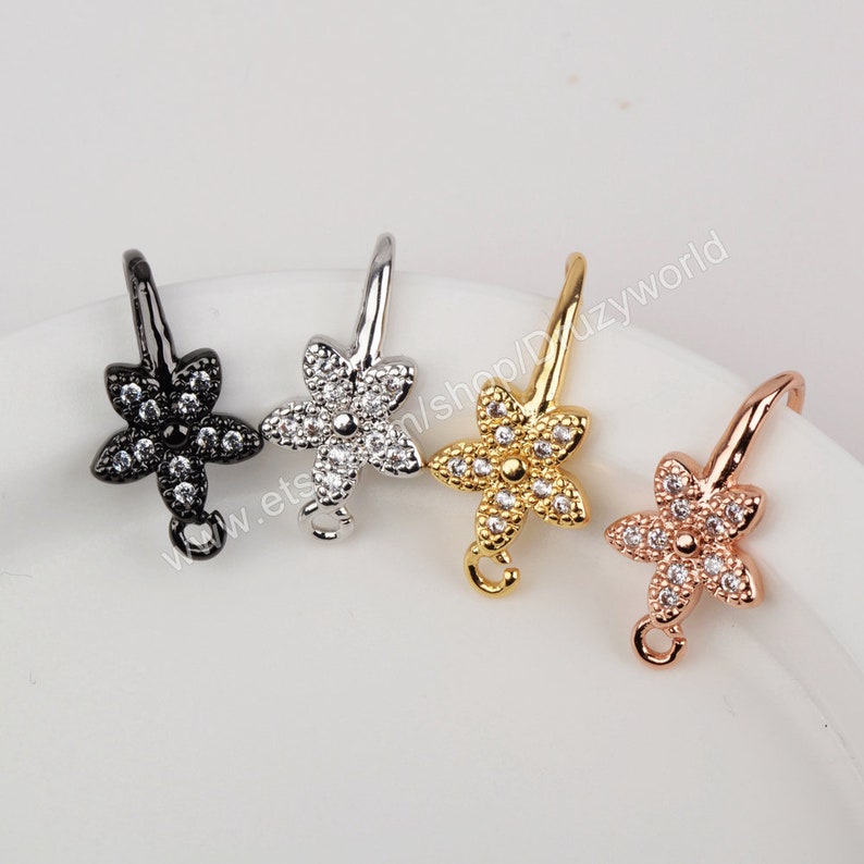 10Pairs Polish Gold Plated Brass CZ Flower Earring Findings Open Loop Micro Pave Ear Hooks Wires DIY Earrings Jewelry Making Links PJ454