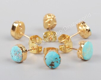 Wholesale Lead Free Gold Plated Freeform Natural Turquoise Stud Earrings Handmade Real Turquoise Post Earrings Gemstone Making Jewelry G1017