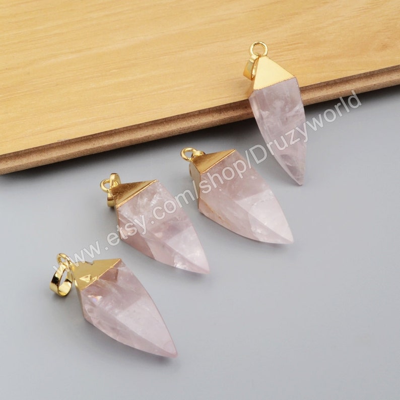 Wholesale Gold Plated Cap Square Faceted Natural Rose Quartz Point Charm Pendant Pink Crystal Pyramid Gemstone Bead Making Jewelry G1007