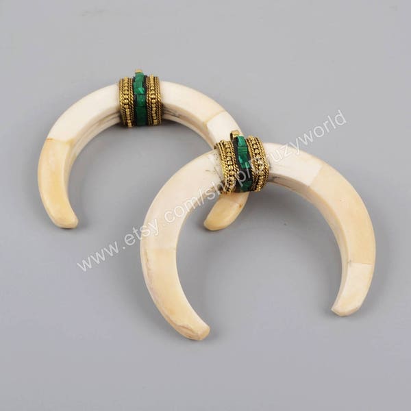 1Pcs Gold Plated White Natural Bone Double Horn Connector Pendant Malachite Stone Chips Handmade Crescent Moon Boho Jewelry Charm JT150