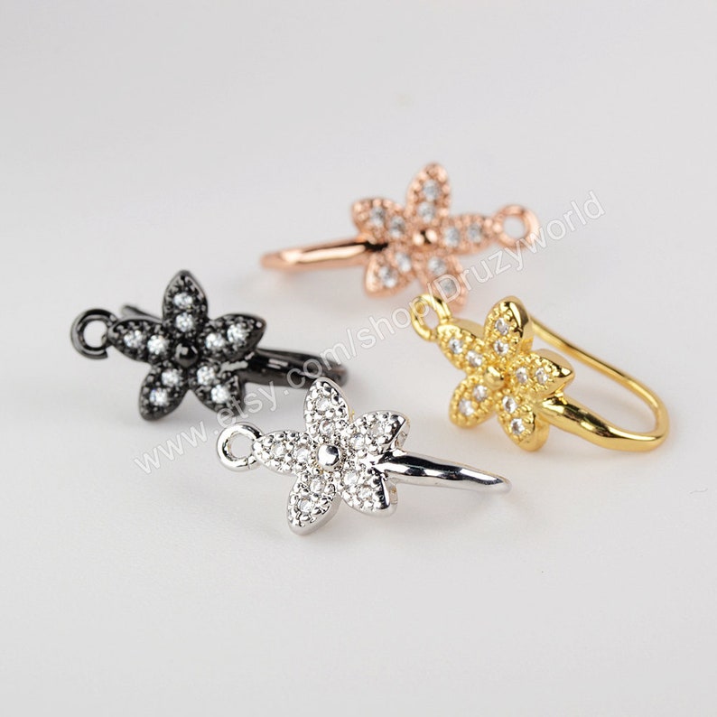10Pairs Polish Gold Plated Brass CZ Flower Earring Findings Open Loop Micro Pave Ear Hooks Wires DIY Earrings Jewelry Making Links PJ454
