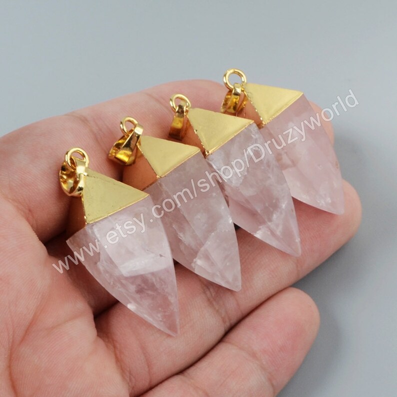 Wholesale Gold Plated Cap Square Faceted Natural Rose Quartz Point Charm Pendant Pink Crystal Pyramid Gemstone Bead Making Jewelry G1007