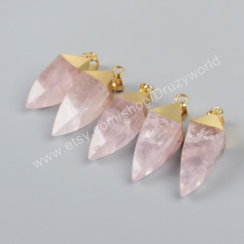 Wholesale Gold Plated Cap Square Faceted Natural Rose Quartz Point Charm Pendant Pink Crystal Pyramid Gemstone Bead Making Jewelry G1007