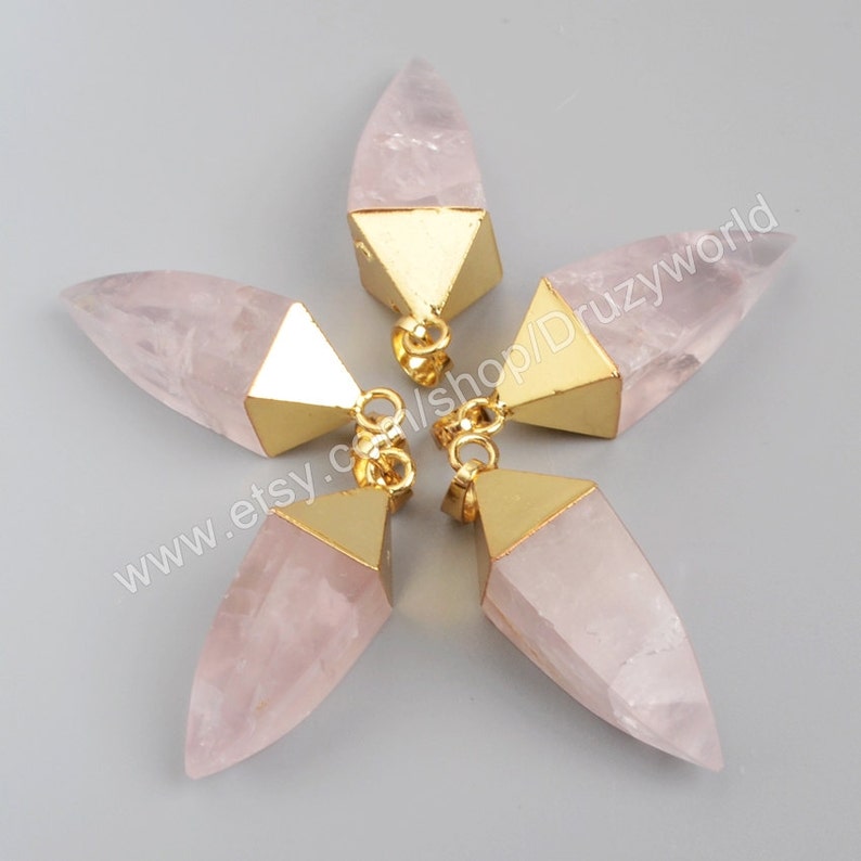 Wholesale Gold Plated Cap Square Faceted Natural Rose Quartz Point Charm Pendant Pink Crystal Pyramid Gemstone Bead Making Jewelry G1007