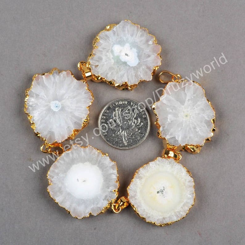 Wholesale Gold Plated Natural White Solar Quartz Slice Pendant Bead Sun Flower Druzy Gemstone Slice Pendants Making Jewelry Craft G0224