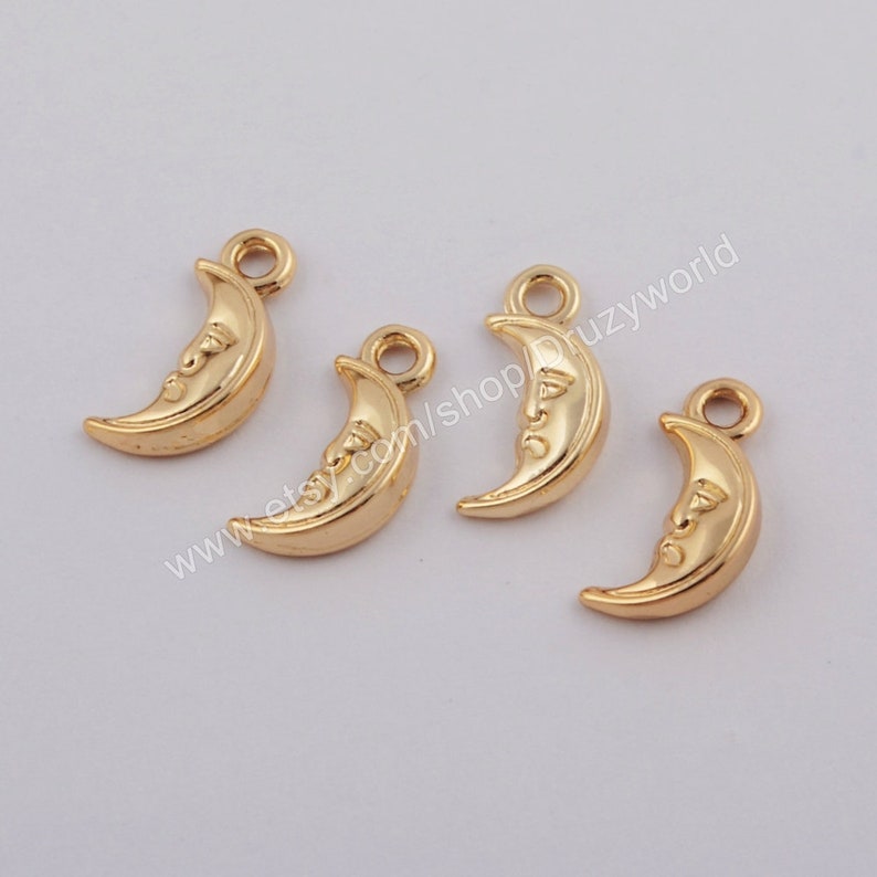 50 Pcs Polished Gold Plated Brass Half Moon Face Metal Charm Findings With Loop Golden Crescent Pendant DIY Making Jewelry Supply Tool PJ345