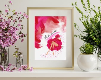LaVie en Rose. Pink Red Magenta Wall Art. Floral Flower Painting. Art Ready for Canvas, Frame for Bedroom, Living Room, Bathroom, Kitchen.
