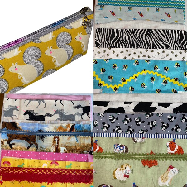 Animal Lover Pencil Case • Boxed Bottom Pencil Pouch • Horse Fabric Zipper Bag • Guinea Pig Pencil Pouch • Cow Zebra Print Bag