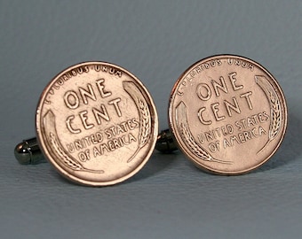 American Wheat Penny Coin Cufflinks - Vintage Copper Bronze 1 Cent USA Soldered