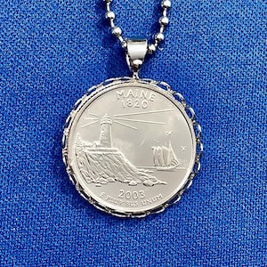 2003 Maine Mynthänge Halsband, Kvarts Dollar, Lighthouse Pemaquid Point Light Schooner at Sea
