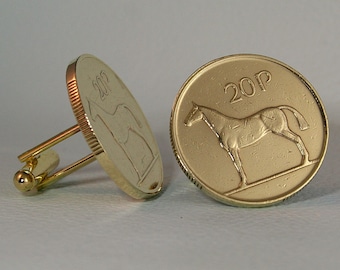 Vintage Irish Horse Coin Cufflinks, 20 Pence Gold Brass Eire Harp Ireland Jewelry for Men