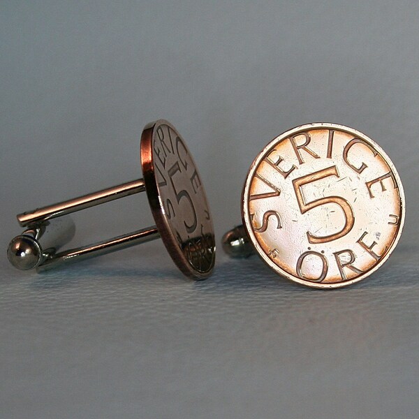 Swedish Bronze Coin Cufflinks - "Sverige 5 Ore" Sweden