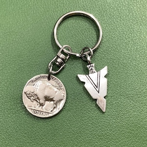 Buffalo Nickel Keychain Key Ring,  Vintage Western Premium Swivel, Bison Indian Coin, Arrowhead, 1913 to 1938