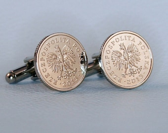 Polish White Eagle Coin Cufflinks -  10 Groszy Coat of Arms Poland