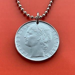 1955 to 1989 Italian Goddess Minerva Coin Pendant  100 Lira  Vintage Repubblica Italiana Lire Italy Rome Silver Tone   Italia  Olive Tree