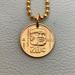 1983 to 1984 Mexico Olmec Giant Head Coin Pendant Necklace, 20 Centavos Mesoamerican Statue Culture Coat of Arms Gold Brass