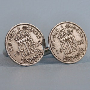 British Sixpence Coin Cufflinks - Emperor King George VI Lucky Wedding English Great Britain UK 1947 1948 Six Pence