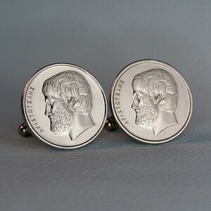 Greek Philosopher Aristotle Coin Cufflinks, Greece Vintage 5 Drachma