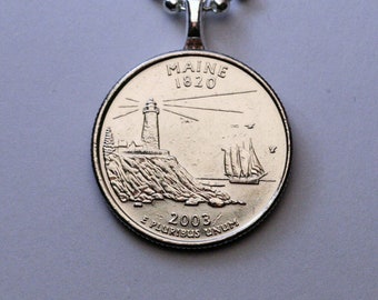 2003 Maine Coin Pendant Necklace,  Quarter Dollar Lighthouse Pemaquid Point Light Schooner at Sea