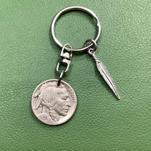 Buffalo Nickel Keychain Key Ring,  Vintage Western Premium Swivel, Bison Indian Coin Feather, 1913 to 1938