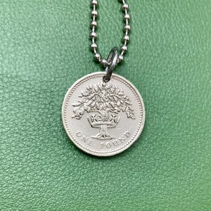 1987 English Oak 1 Pound Coin Pendant Necklace,  British England Wales Great Britain UK London