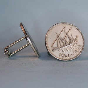 Kuwait Dhow Coin Cufflinks, 100 Fils  Arab Sailing Boat  Persian Gulf Kuwaiti, Soldered