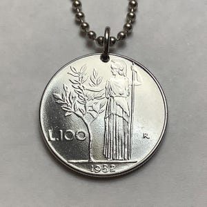1955 to 1989 Italian Goddess Minerva Coin Pendant  100 Lira  Vintage Repubblica Italiana Lire Italy Rome Silver Tone   Italia  Olive Tree