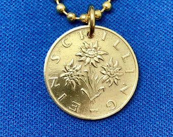 1959 to 2001 Austria Edelweiss Flowers Coin Pendant Necklace, 1 Schilling,  Gold