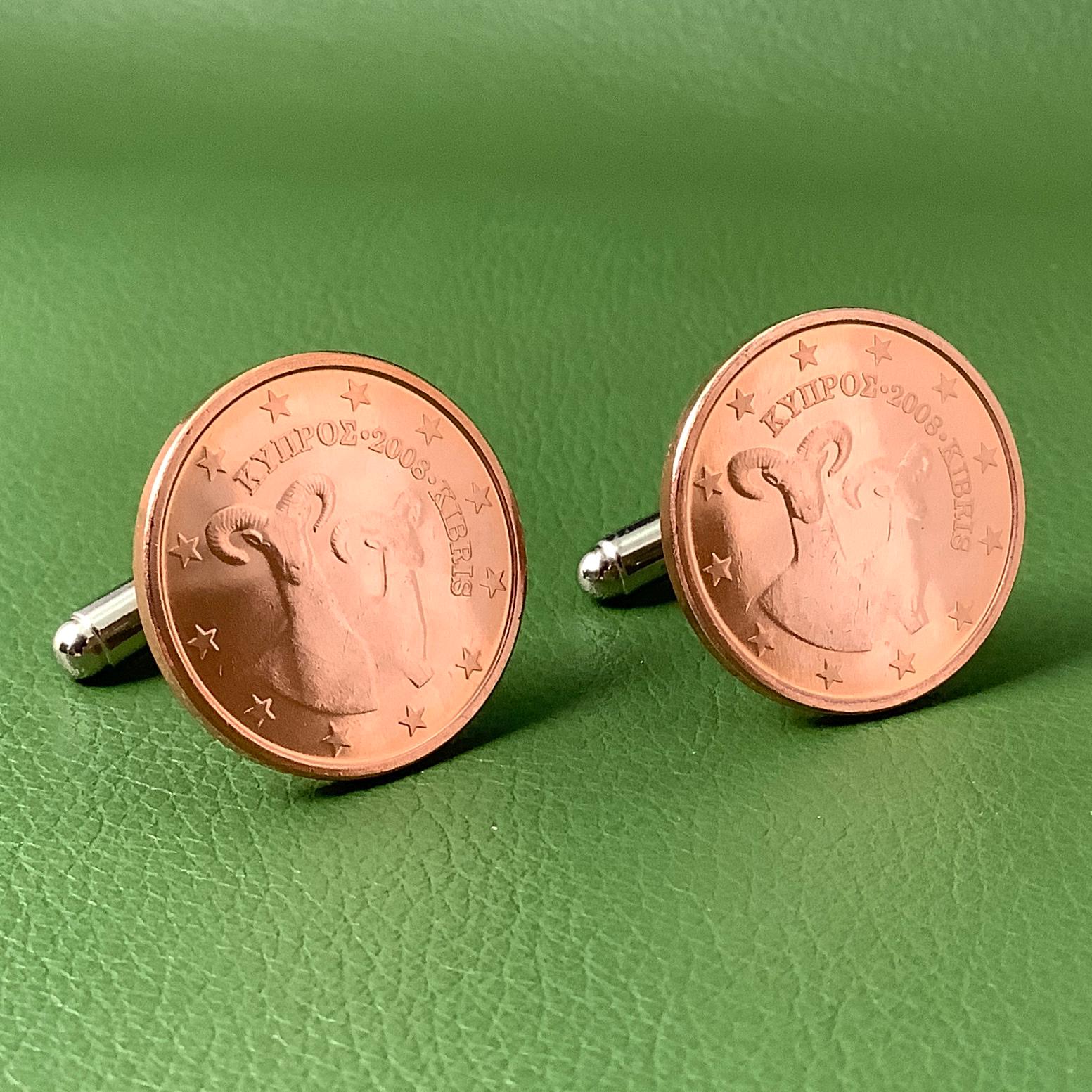 2008年キプロス産ムフロン羊コインカフスボタン、ブロンズ5ユーロセント、Euヨーロッパ