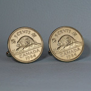 1984 Canada Beaver Coin Cufflinks - Canadian Nickel 5 Cents Silver Tone